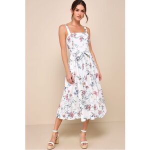 New Lulus Sunny Posture Floral Tie-Waist Ivory Midi Dress Sz Medium